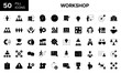 © ICON WORLD - Collection of 50 Workshop fill icons featuring editable strokes. These outline icons depict various modes of Workshop, training, set, people, seminar, line, business,