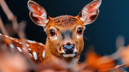 Wall Mural - Close-up portrait of a young deer with spotted fur, looking directly at the camera, partially hidden behind branches.