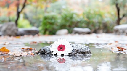 Wall Mural - White gerbera daisy on rock in autumnal park puddle.