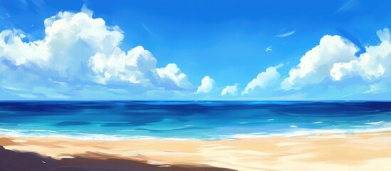 serene sandy beach with turquoise ocean waves under a clear blue sky and fluffy white clouds on a su