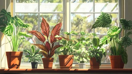 Wall Mural - Calathea and tropical house plants arranged on a sunny windowsill enhancing indoor garden aesthetics and nature vibes