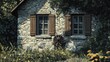 © Holo Frame - Charming facade of a rustic stone farmhouse featuring wooden windows and a decorative millstone surrounded by lush greenery