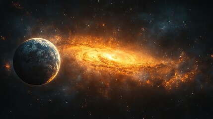 Wall Mural - Earth hangs in a galaxy against a dark universe background, representing adventure, exploration, and the wonders of astronomy and the cosmos.