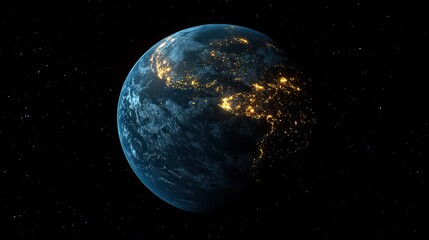 Wall Mural - earth shines brightly in the darkness of space, with city lights glowing, highlighting the contrast 