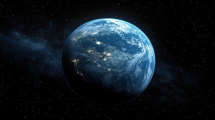 Wall Mural - Earth shines brightly in the darkness of space, with city lights glowing, highlighting the contrast between urban development and the vast universe.