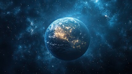 Wall Mural - earth shines brightly in the darkness of space, with city lights glowing, highlighting the contrast 