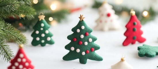 Wall Mural - Felt Christmas tree ornaments in vibrant colors displayed on a white tablecloth with soft bokeh lights and festive greenery background.