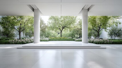 Wall Mural - Modern minimalist architecture with lush green garden view.