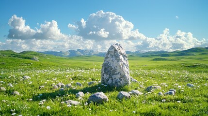 Poster - Single standing stone in a green field under a blue sky with fluffy clouds.