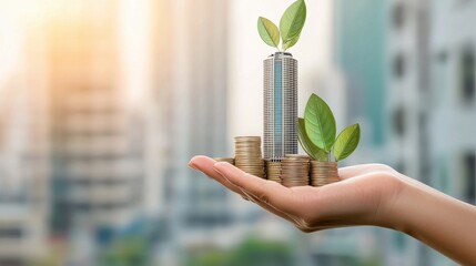 A hand holding coins and a steel can with green leaves, symbolizing financial growth and sustainability in modern finance.