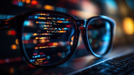 Glasses and a laptop with code symbolize programming and cybersecurity.