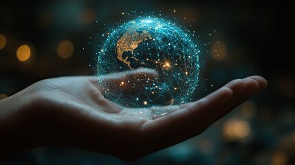 Wall Mural - Hand with a global network wireframe showcasing technology and future, highlighting digital transformation and internet connection.