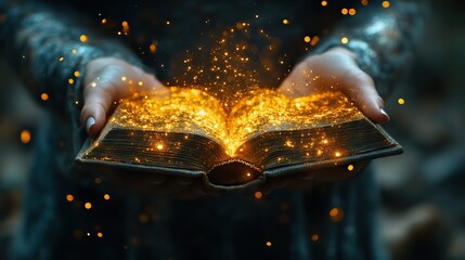 Canvas Print - hands holding a book with a magical glow symbolize the power of fantasy, imagination, and knowledge 