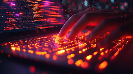 Hands of a person coding on a laptop at night represent a developer, online solutions, problem-solving, work technology, bokeh, software programmer, internet cybersecurity research