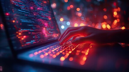 Hands of a person coding on a laptop represent a developer, startup, online solutions, problem-solving, work technology, bokeh, software programmer, internet cybersecurity research