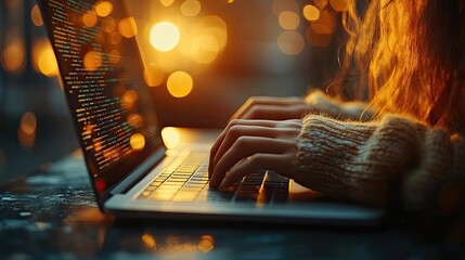 Hands of a person on a laptop represent a web designer, startup, coding for online solutions, problem-solving, work technology, bokeh, software programmer, and internet network research.