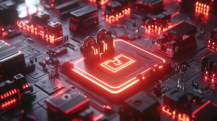 Wall Mural - Two padlocks guard a glowing red folder icon on a dark circuit board with red neon lights. This symbolizes digital data security and encryption.