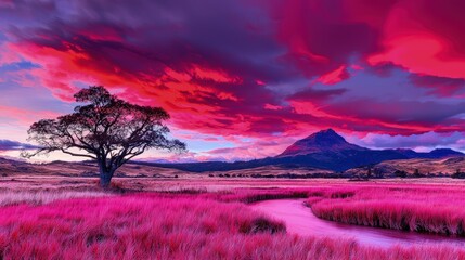 Wall Mural - Vibrant sunset over pink grass field, lone tree, and mountain.