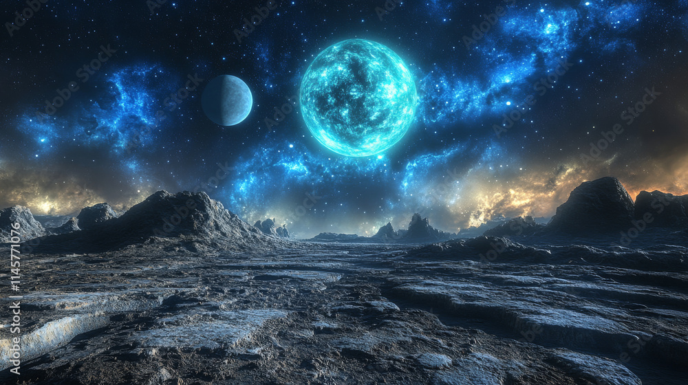 Space background with landscape of alien planet with craters and cracks ...