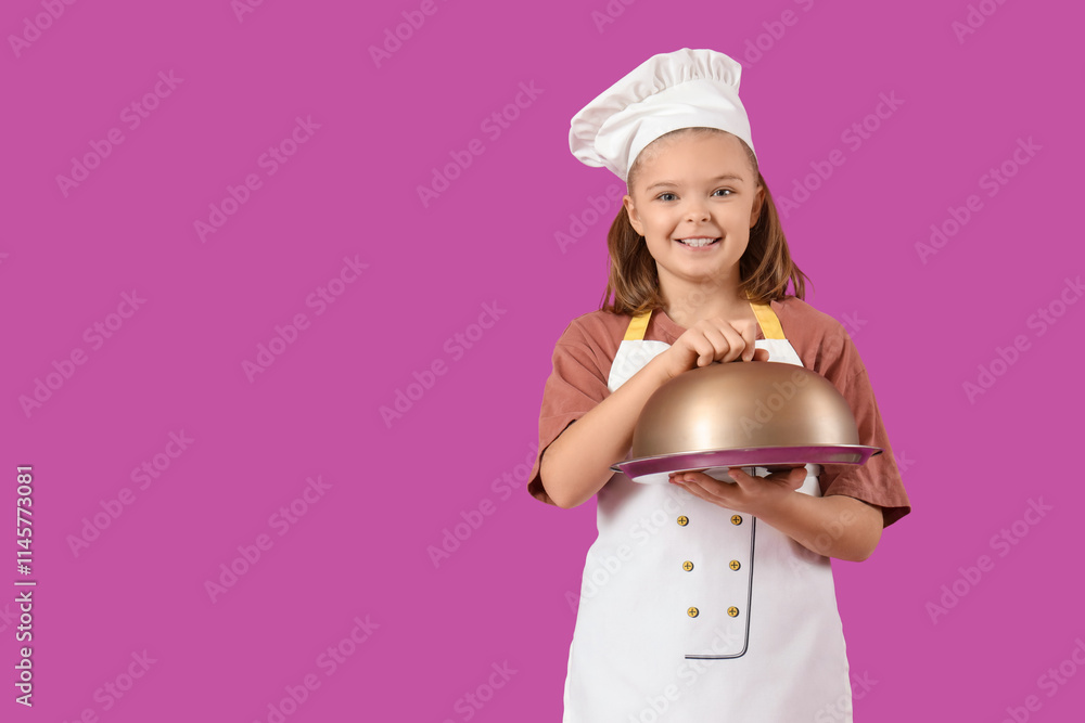 Cute chef with cloche on violet background