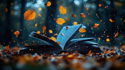 Wall Mural - leaves and pages of a book blowing in the wind symbolize the magic of reading and the pursuit of kno