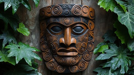 Wall Mural - Mask wood and traditional sculpture on wall, cultural art, ethnic decoration, mythology, culture, tiki face for protection, ornament of god, religion, and native to tribal New Zealand.