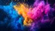 © Sahraya - Holi paint powder color explosion realistic vector illustration. Blue pink, yellow purple dust splash, spring holiday paint burst isolated on dark transparent, decorative element for indian fest