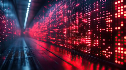 Neon red programming code patterns on a website server with futuristic texture and light represent network digital transmission, cloud computing, company database storage