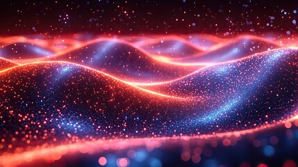 Wall Mural - Neon waves and illustrations of particles represent connection, cybersecurity, futuristic technology, digital transformation, big data network, energy, programming software, and cloud computing.