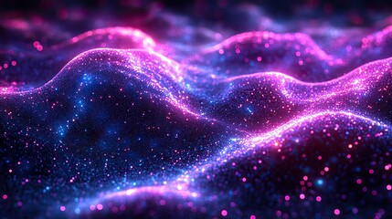 neon waves and illustrations of particles represent connection, cybersecurity, futuristic technology