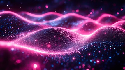 Wall Mural - Neon waves and lines of particles represent connection, cybersecurity, futuristic technology, digital transformation, big data network, energy, programming software, and cloud computing.