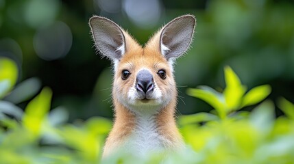 Wall Mural - Red kangaroo joey peering from foliage.