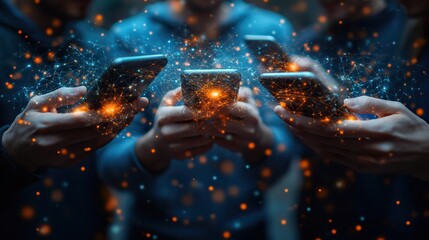 Wall Mural - People network with a group of hands holding phones, symbolizing fast online connections, contact sharing, email, chat, social media, and professional collaboration.
