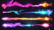 © Sahraya - Set of vfx neon light effects isolated on black background. Cartoon vector illustration of colorful neon flashes from bomb explosion, futuristic space blaster, laser gun rays, magic power charge