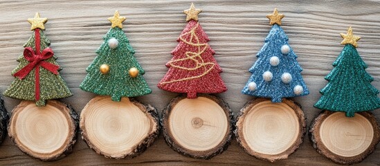 Wall Mural - Glittery Christmas tree ornaments displayed on rustic wooden slices for festive holiday decor inspiration