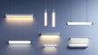 © Sahraya - Tube lamp and led strips, long luminescence fluorescent energy saving bulb of daytime scattered light, artificial lighting for office. Halogen elements glowing lines, Realistic 3d vector illustration