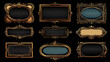 © Sahraya - Realistic set of vintage avatar frames and game buttons isolated on black background. Vector illustration of art deco style borders for rpg interface design. Square, rectangular, round royal signs