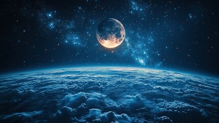 Wall Mural - Stars twinkle in a night sky above a blue Earth with a glowing moon, a wallpaper design showcasing the beauty of our planet and the calm heavens.