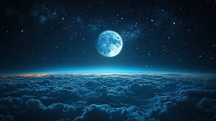 Wall Mural - Stars twinkle in a night sky above a blue Earth with a glowing moon, a wallpaper design showcasing the beauty of our planet and the calm heavens.