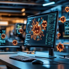 Computer displaying 3D model of virus with scientific data, analysis in laboratory environment, digital concept of technology and health research