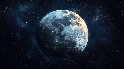 Wall Mural - The moon hangs in a starry sky, a black universe background for adventure and exploration, a wallpaper design showcasing the beauty of our celestial neighbor.