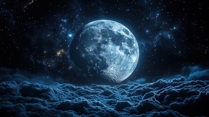 Wall Mural - The moon hangs in a starry sky, a black universe background for adventure and exploration, a wallpaper design showcasing the beauty of our celestial neighbor.