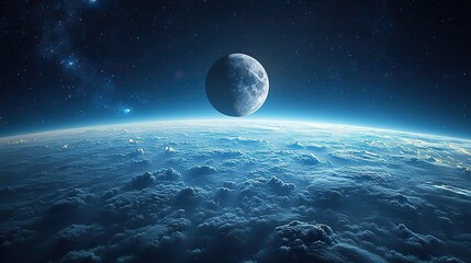 Wall Mural - the moon rises in a blue stratosphere, a celestial wallpaper with clouds and horizon, showcasing the