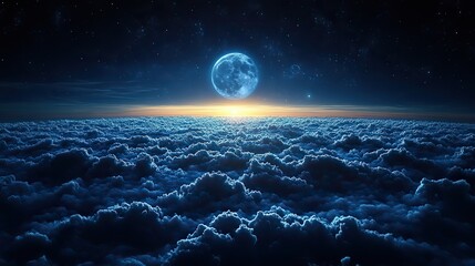 Wall Mural - the moon rises in a blue stratosphere, a celestial wallpaper with clouds and horizon, showcasing the