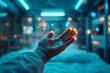 © Odin AI - Hand reaching out in a futuristic hospital room with glowing lights and advanced medical equipment