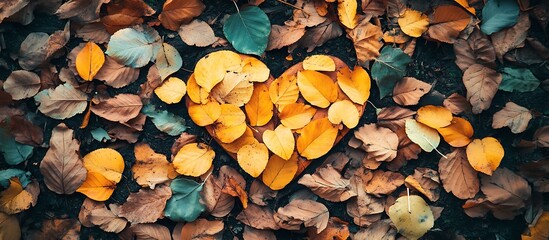 Poster - Autumn leaves arranged in heart shape on ground.