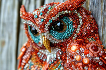 Intricate handmade beadwork of colorful owl, showcasing vibrant hues and detailed craftsmanship. This stunning piece captures essence of artistry and creativity