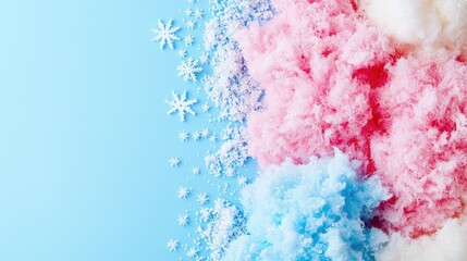 Wall Mural - Pastel cotton candy, snowflakes, snow on blue background.