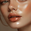© Olha Havelia - Close-up of lips with glossy lip gloss, European female model, natural lighting, shallow depth of field, high resolution, detailed skin texture, clear facial features, natural makeup, neutr