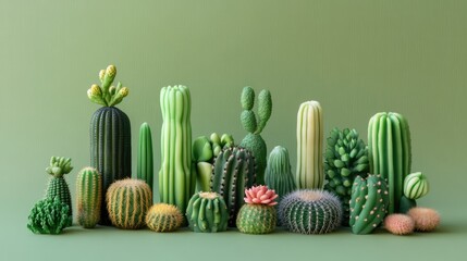 Wall Mural - Diverse Cactus Collection Displaying Unique Shapes and Vibrant Green Hues on a Soft Pastel Background